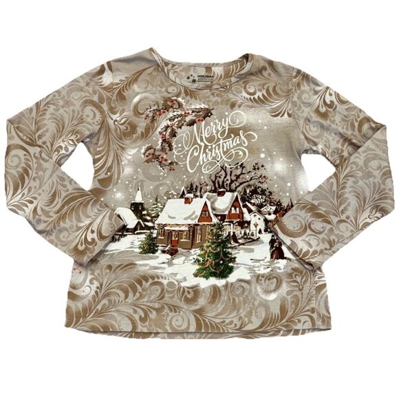 Long Sleeve Tan Pattern Christmas Shirt Womens Top Size Small Rhinestones - Picture 1 of 5